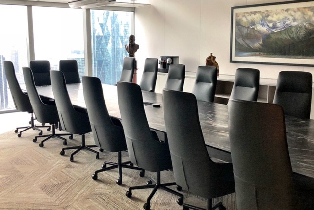 Long meeting desk with lots of office chairs